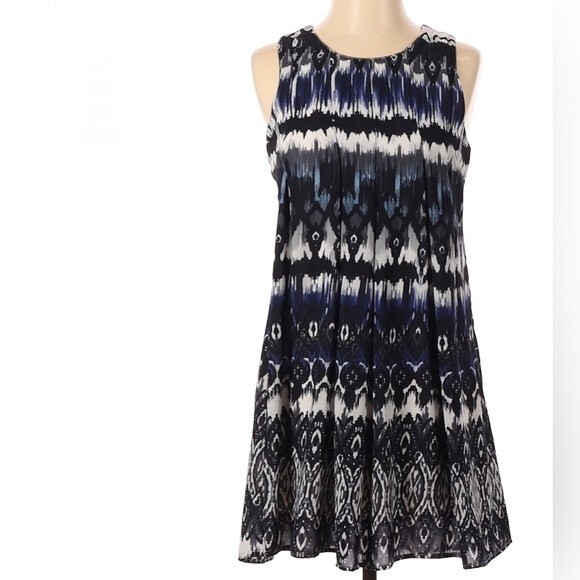 Blue black and white pleated print dress size XS - Picture 1 of 6